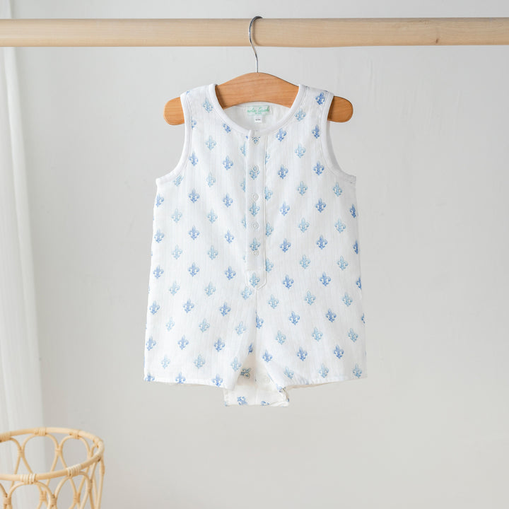 Organic muslin shortall with all-over light blue anchor print, sleeveless romper