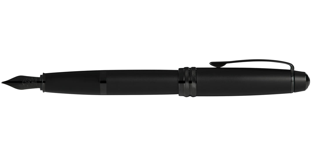 Matte black lacquer stainless steel fountain pen with extra-fine nib, side view