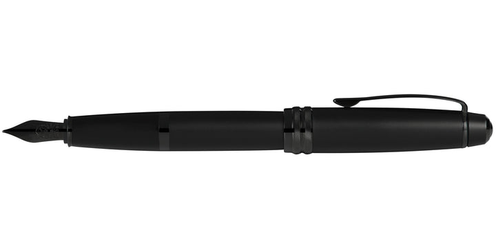 Matte black lacquer stainless steel fountain pen with extra-fine nib, side view