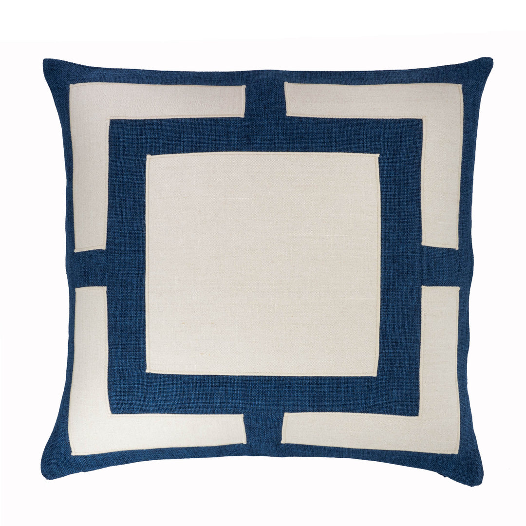 Blue and cream geometric throw pillow cover with centered square Greek-key pattern