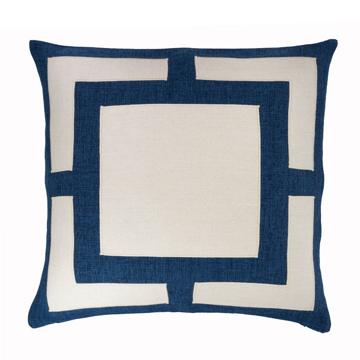 Blue and cream geometric throw pillow cover with centered square Greek-key pattern