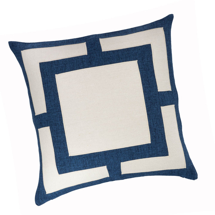 Blue and cream geometric throw pillow cover with centered square motif