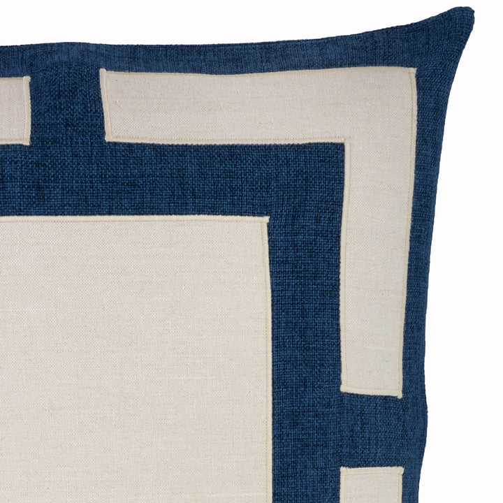 Blue throw pillow cover with cream outlined corner Greek-key design
