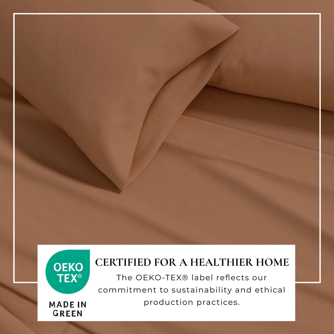Camel brown cotton flannel sheet set with Oeko-Tex Made in Green certification label