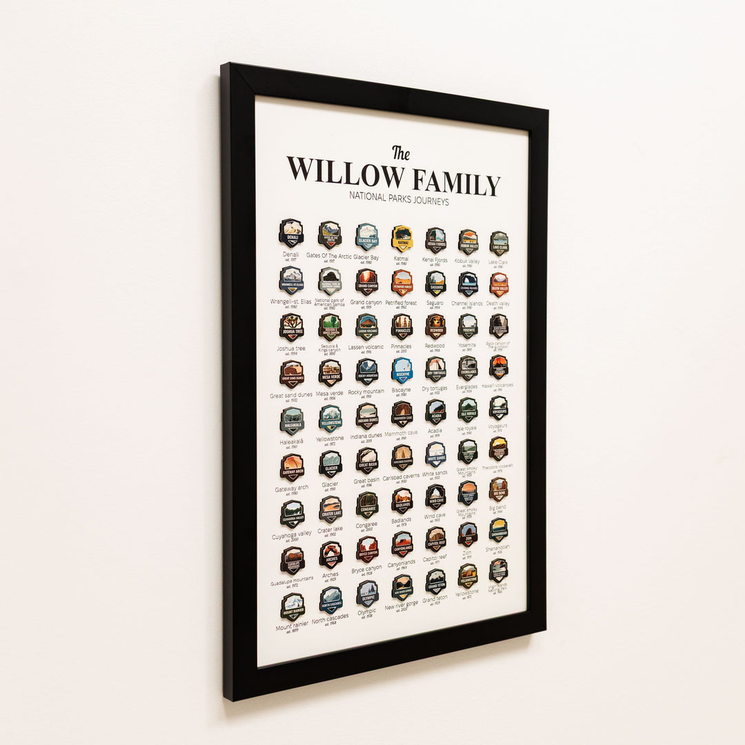 Framed national parks tracker poster with many small park badge icons