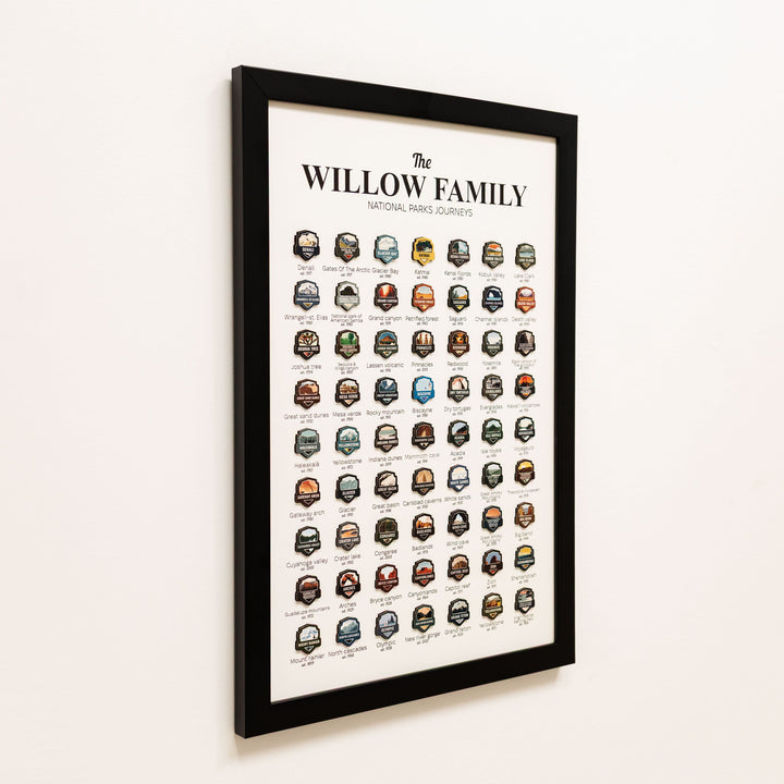 Framed national parks tracker poster with many small park badge icons