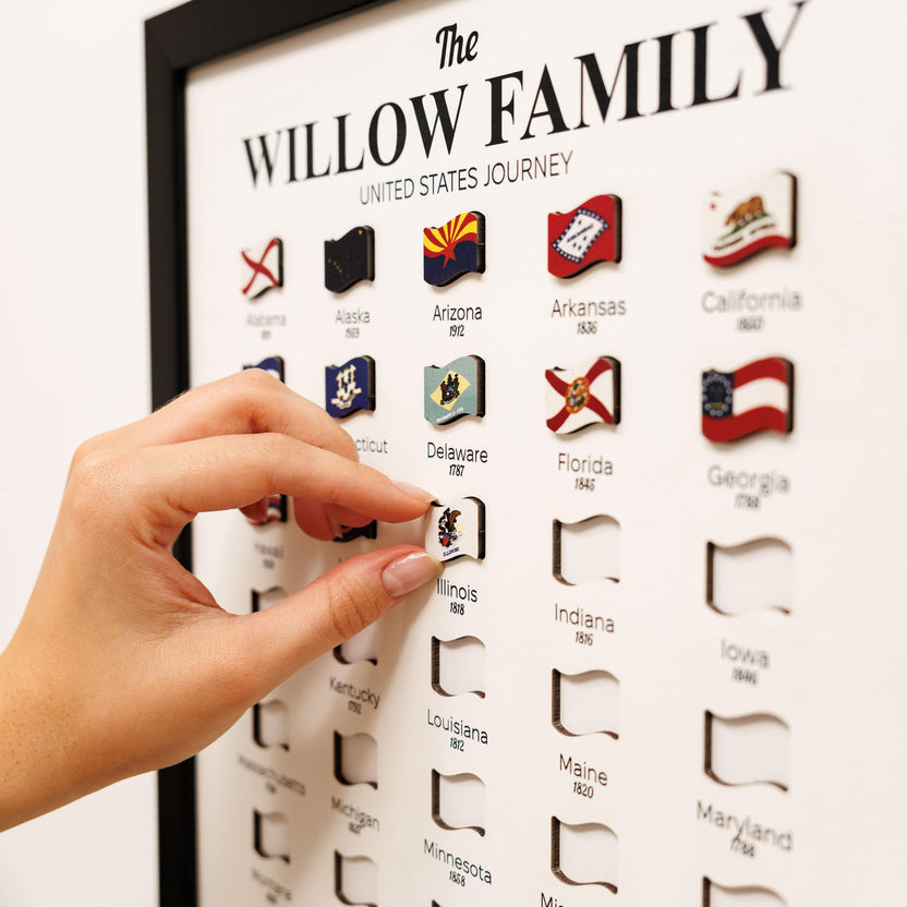 Framed travel tracker poster with state flag badges, hand placing a wooden push pin