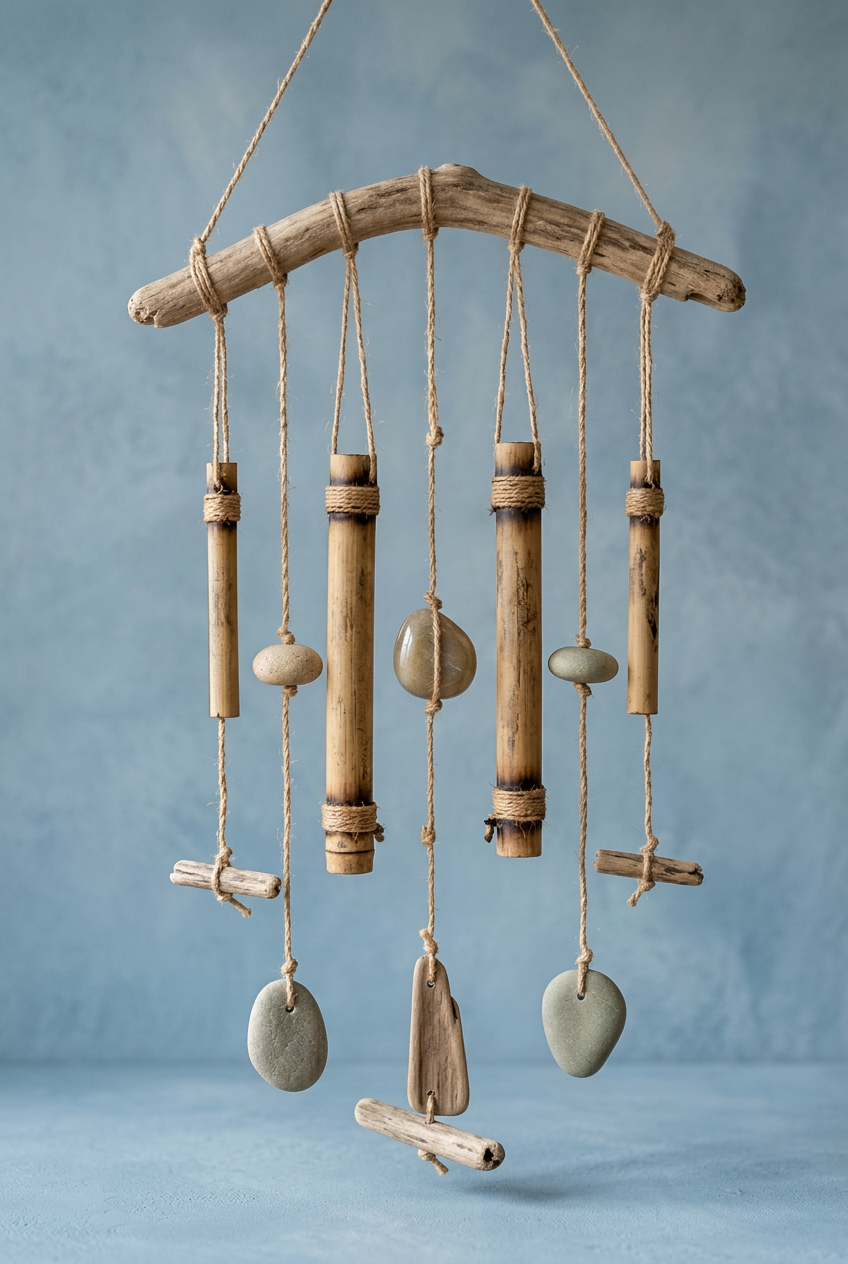 Natural wind chime with a soft faded-denim blue background