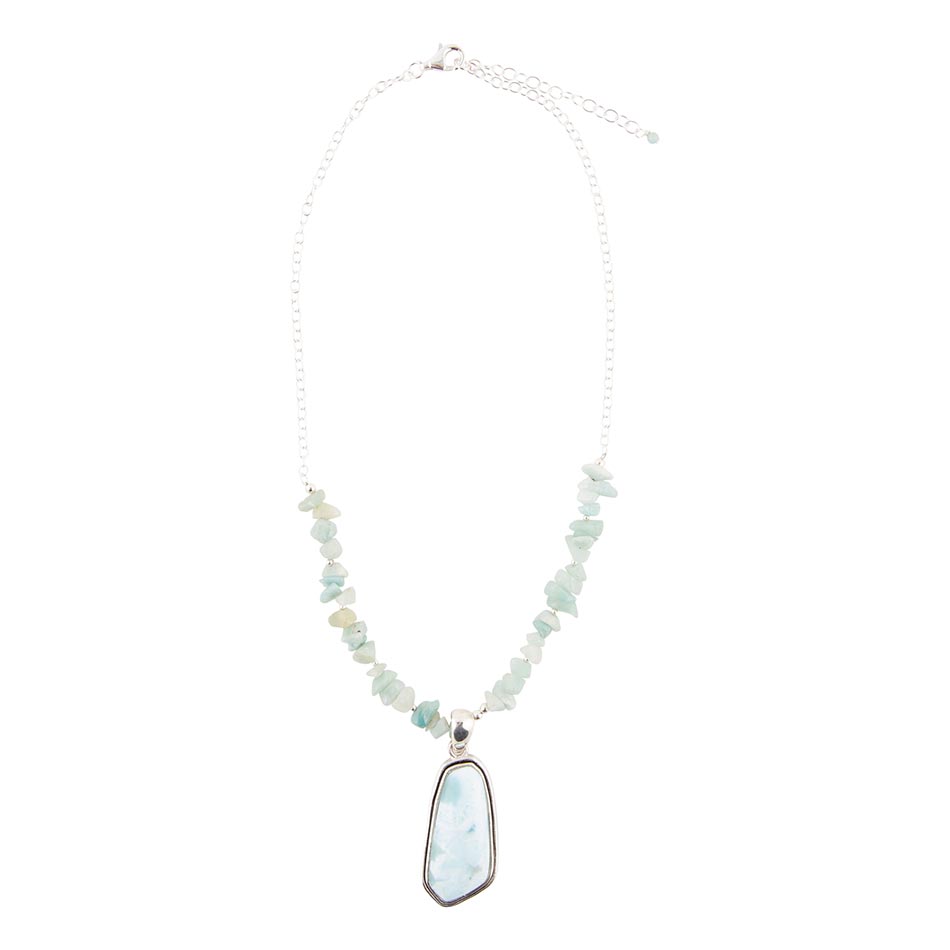 Sterling silver and larimar-style necklace with light aqua beads and oval pendant