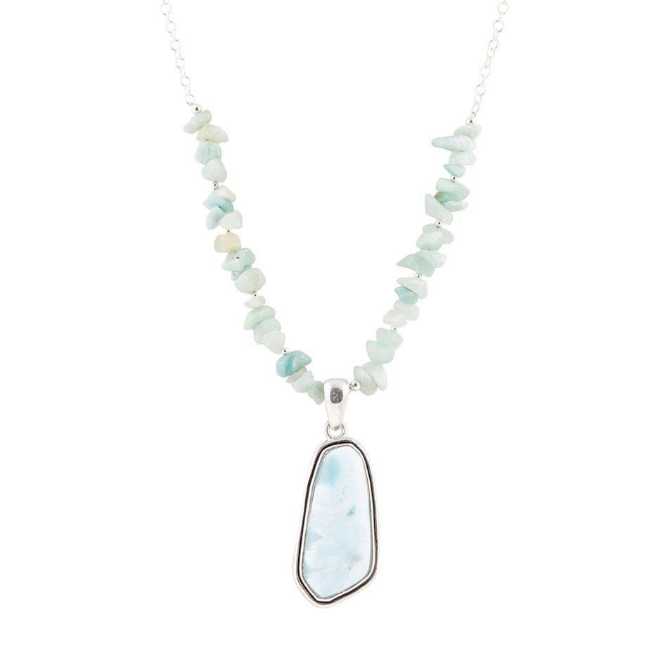 Larimar and sterling silver necklace with oval light-blue pendant on bead strand