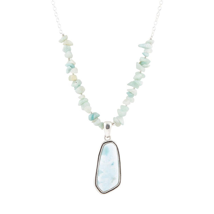 Larimar and sterling silver necklace with oval light-blue pendant on bead strand