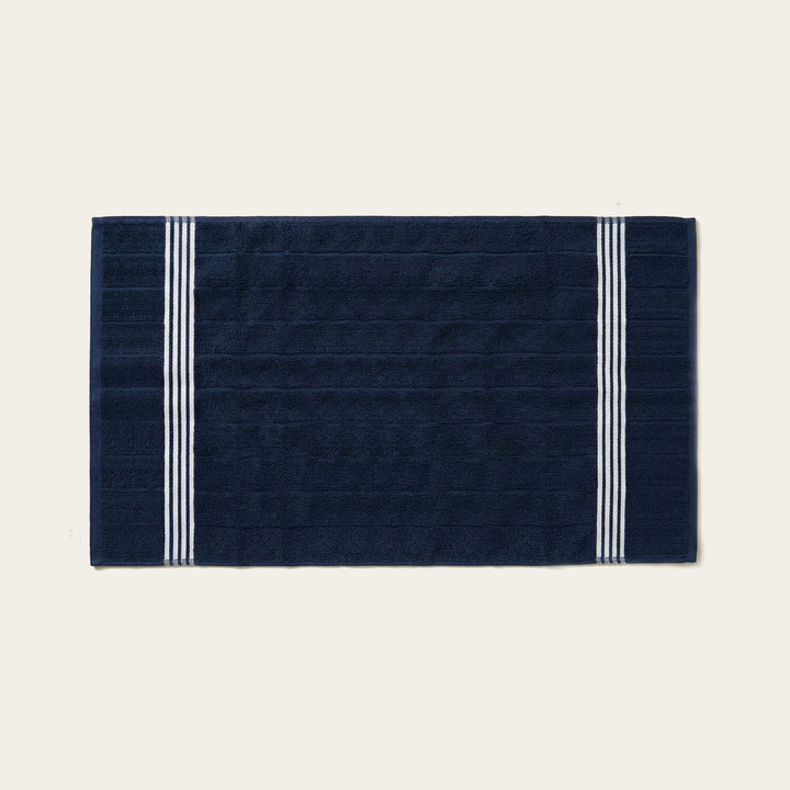 Navy cotton hand towel, rectangular with white twin stripe border