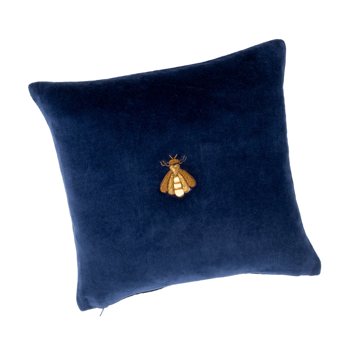 Navy velvet 12 x 12 throw pillow cover with gold bee emblem