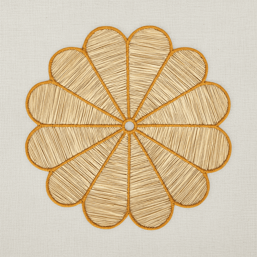 Handwoven iraca flower placemat with purple-stitched petals and a natural woven center.