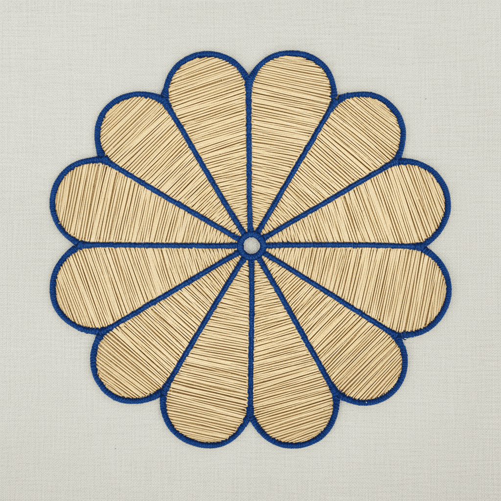 Handwoven iraca flower placemat with light pink-stitched petals and a natural woven center.