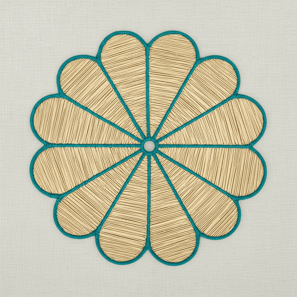 Handwoven iraca flower placemat with hot pink-stitched petals and a natural woven center.