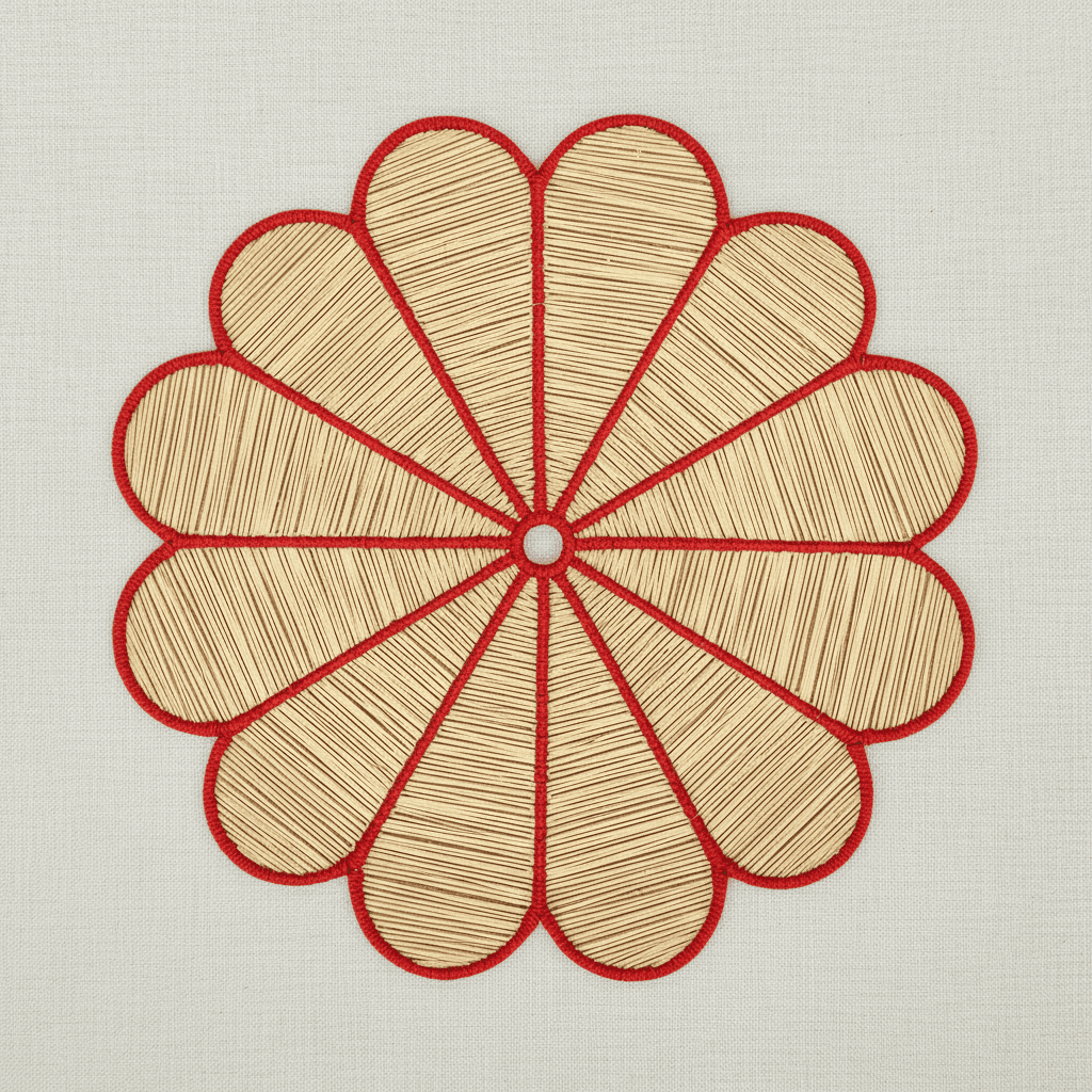 Handwoven iraca flower placemat with teal-stitched petals and a natural woven center.