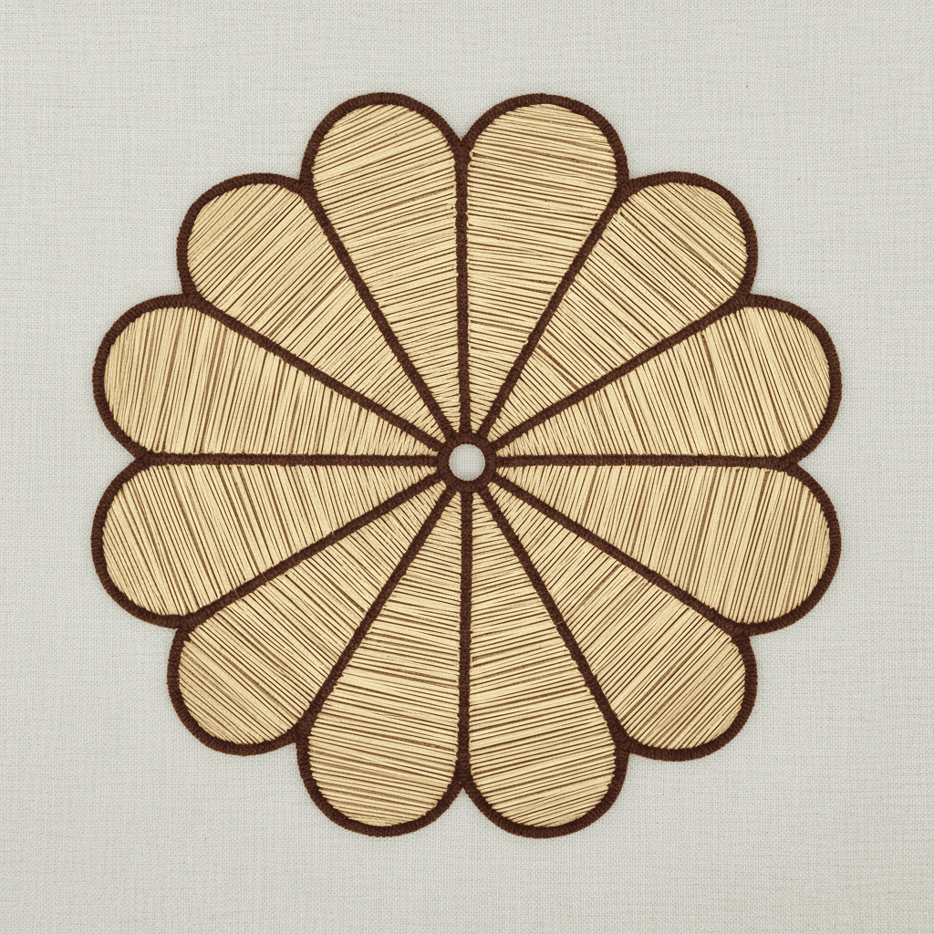 Handwoven iraca flower placemat with light green-stitched petals and a natural woven center.