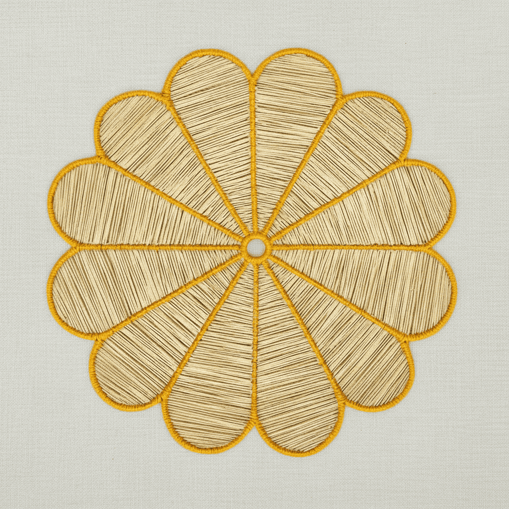 Handwoven iraca flower placemat with deep blue-stitched petals and a natural woven center.