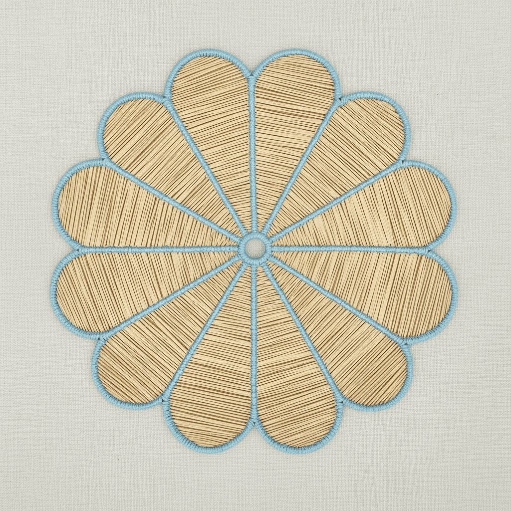 Handwoven iraca flower placemat with blush pink-stitched petals and a natural woven center.