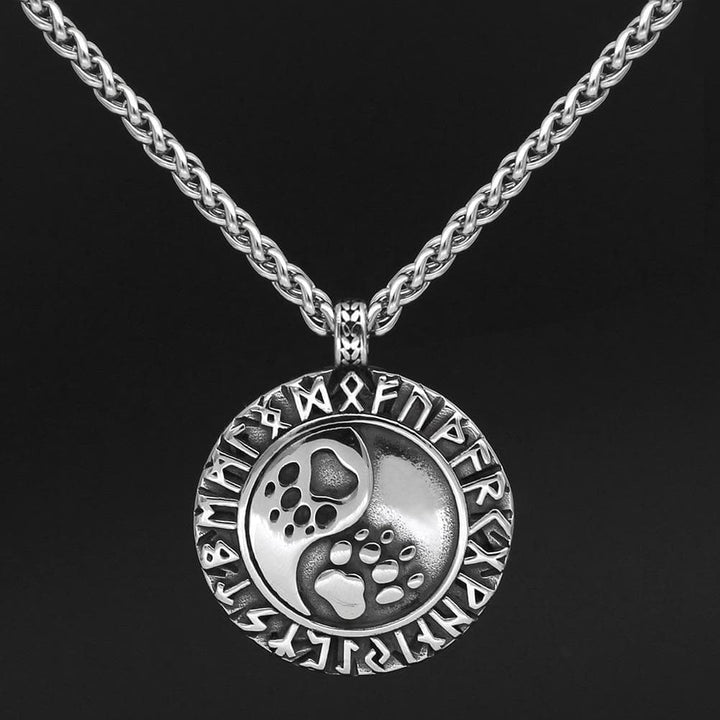 Stainless steel necklace featuring round bear paw rune pendant on link chain