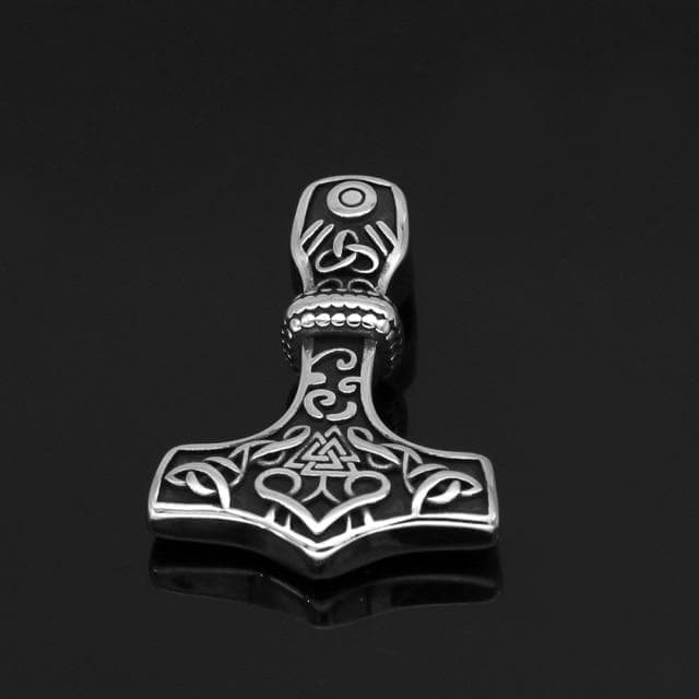 Stainless steel Viking hammer pendant with engraved Valknut-style knot designs