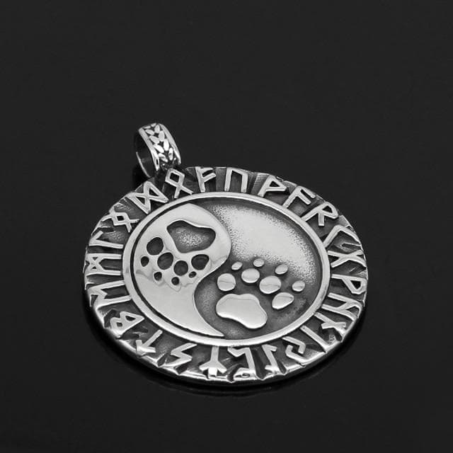 Stainless steel round bear paw rune pendant with engraved paw and paw-print details
