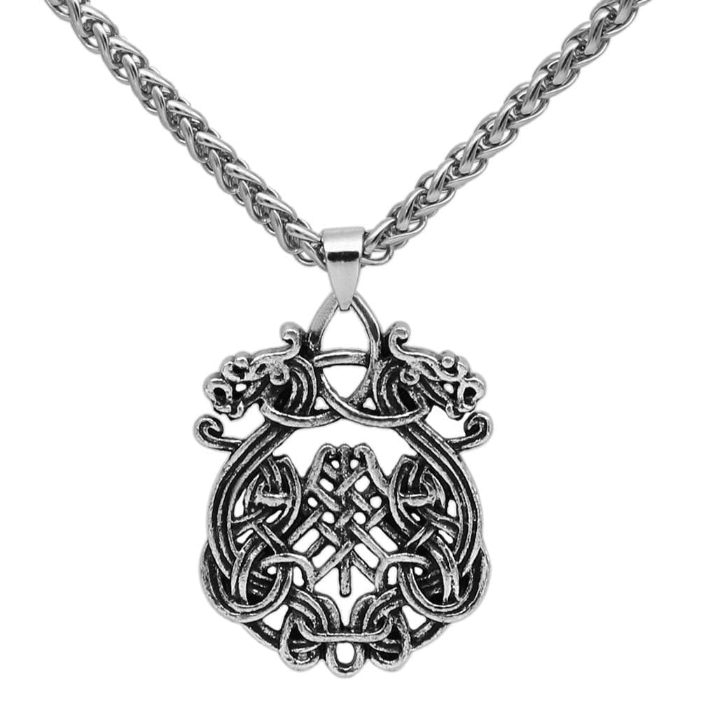 Stainless steel dragon and knot pendant with link chain necklace, polished silver tone.