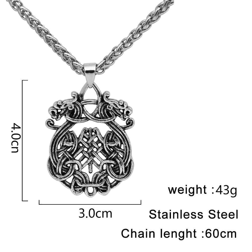Stainless steel necklace: dragon knot pendant, 60cm chain length, 43g weight.