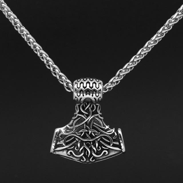 Stainless steel Mjolnir hammer pendant necklace with linked chain
