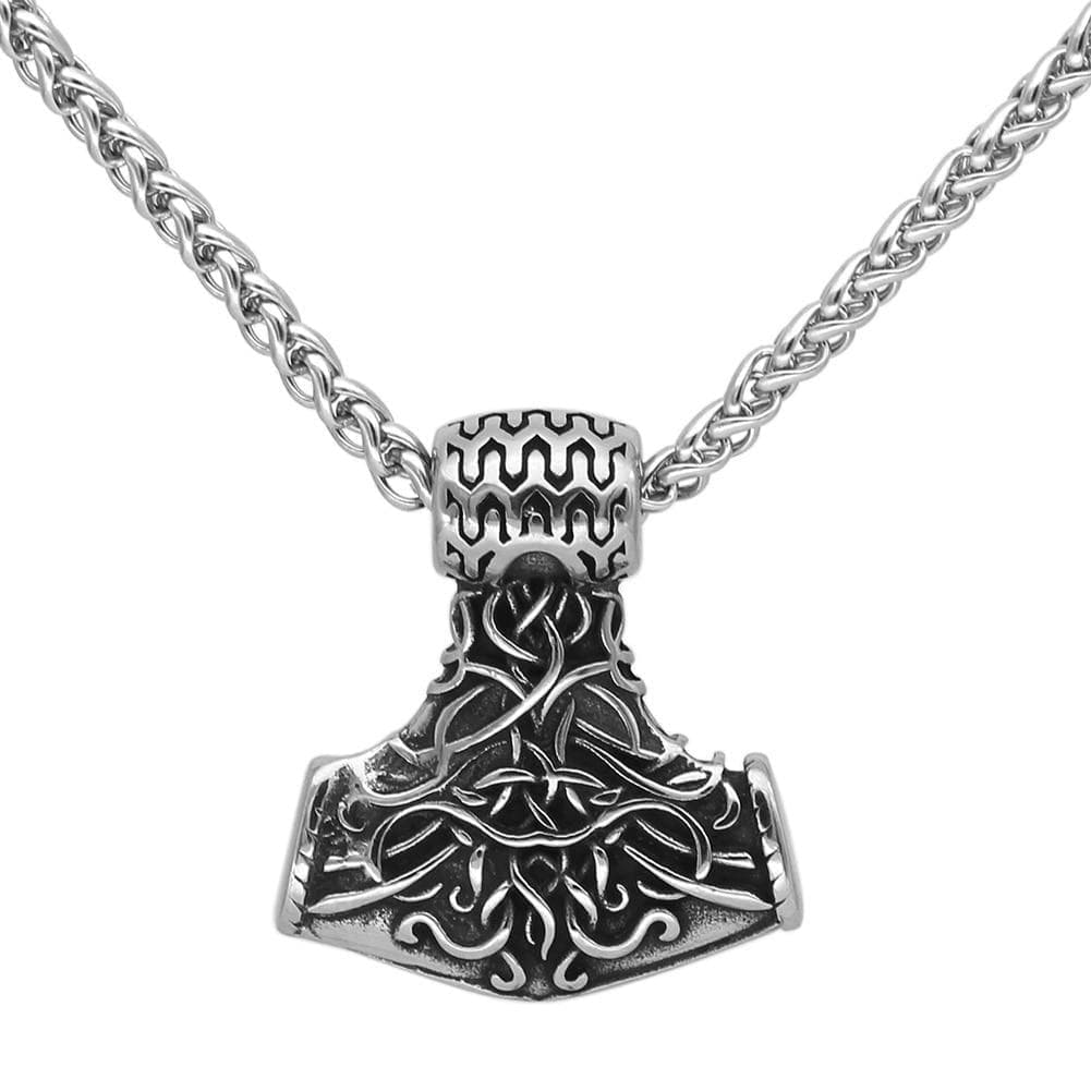 Stainless steel Mjolnir hammer pendant necklace with engraved relief