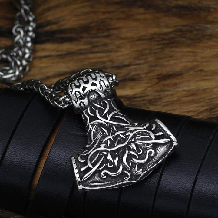 Stainless steel Mjolnir hammer pendant on chain with engraved knotwork