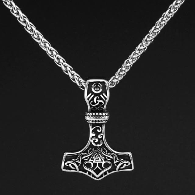 Stainless steel pendant necklace with detailed Viking hammer and Valknut axe symbol