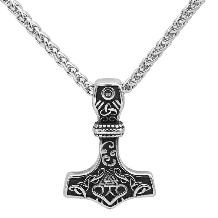 Stainless steel pendant necklace with engraved Viking hammer and Valknut knot centerpiece