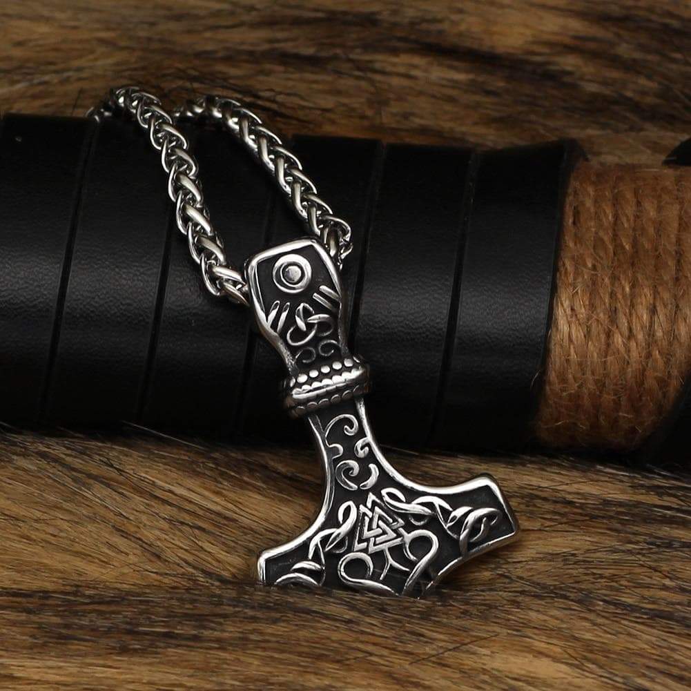 Stainless steel Viking hammer pendant on twisted chain with etched knot details