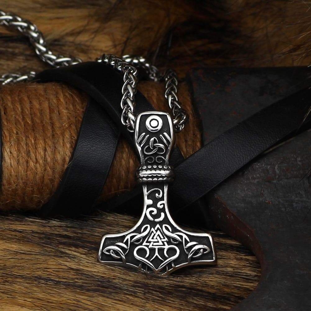 Stainless steel Viking hammer pendant necklace with engraved Valknut knot design