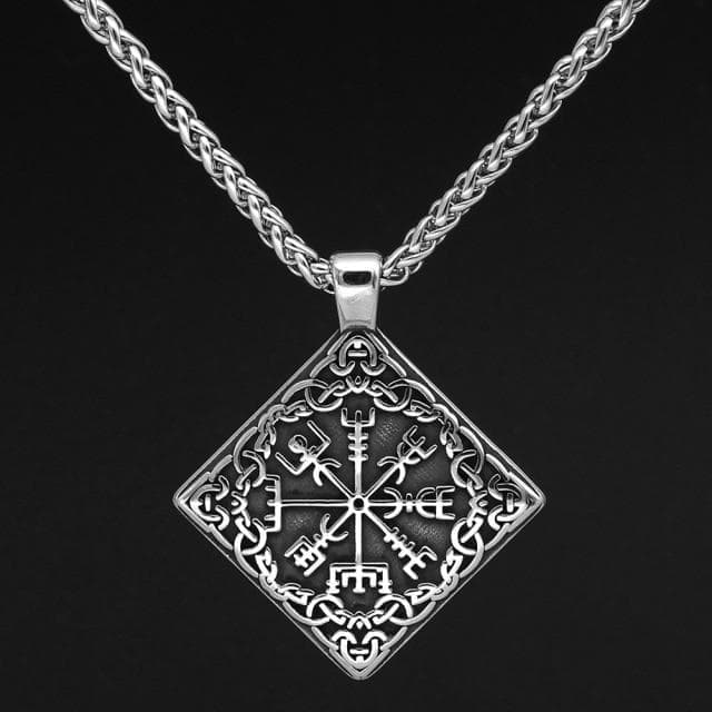 Stainless steel necklace with diamond Vegvisir pendant and linked metal chain