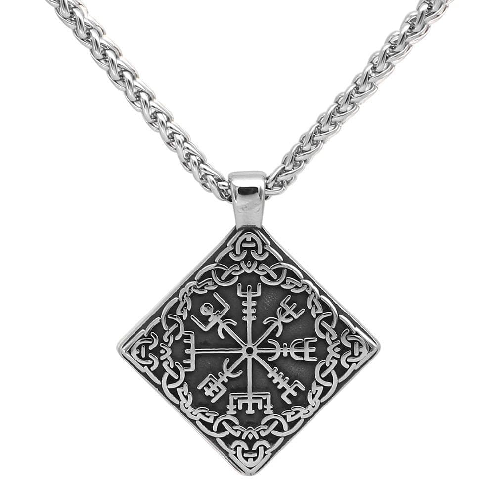 Stainless steel necklace with diamond Vegvisir pendant and curb-style metal chain