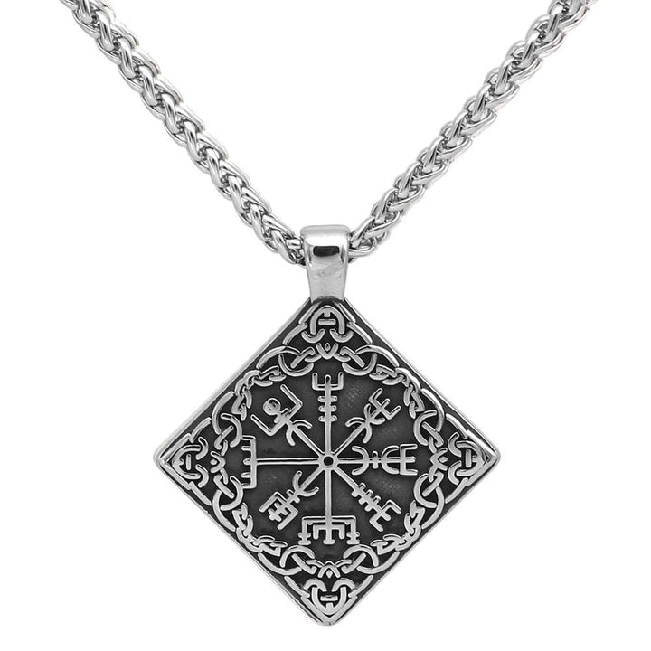 Stainless steel necklace with diamond Vegvisir pendant and curb-style metal chain