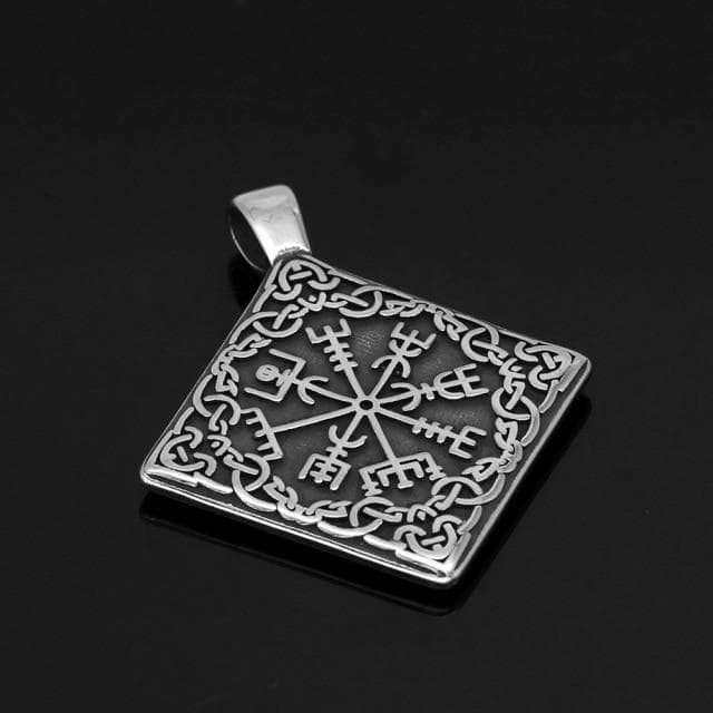 Stainless steel diamond Vegvisir pendant with bail and etched runic details