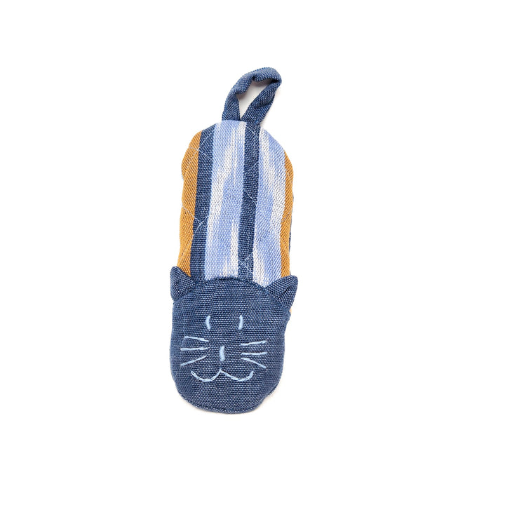 Cat skillet handle holder, blue-and-orange striped fabric with navy cat face and top loop.