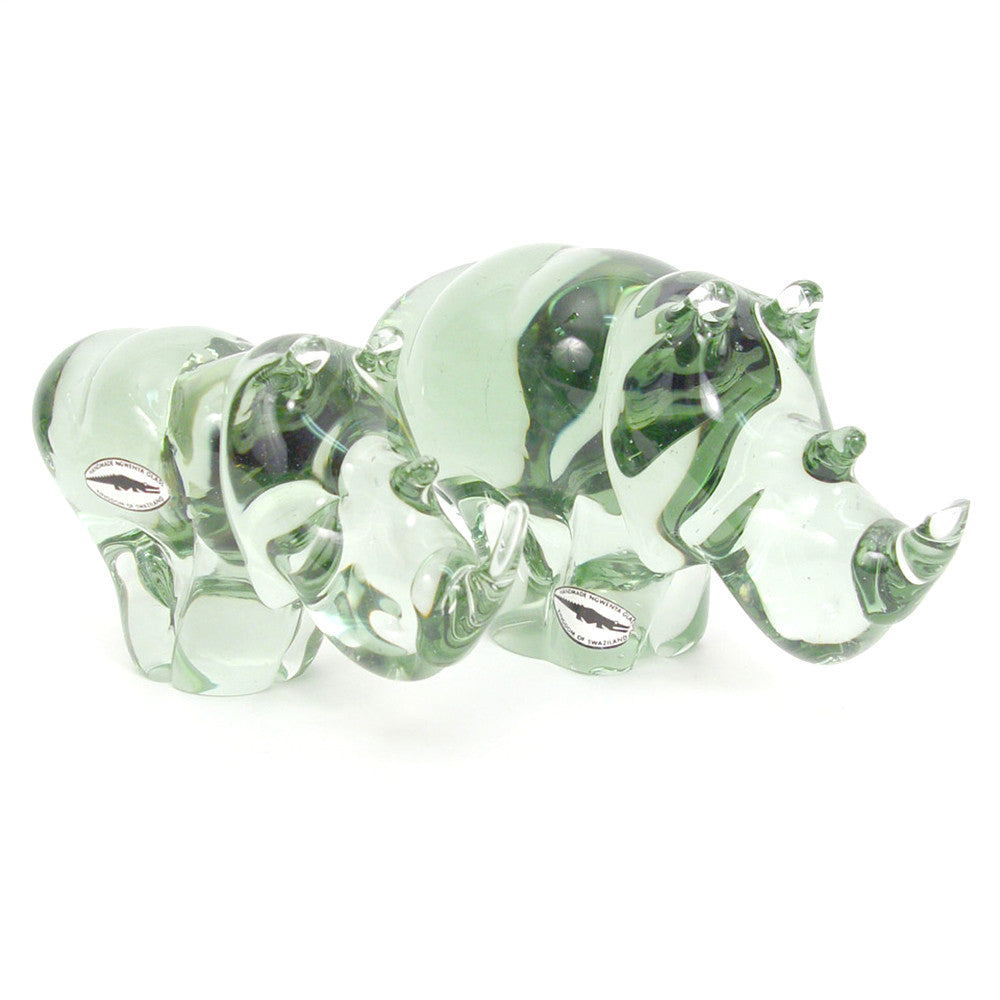 Recycled glass rhino figurine, clear and green swirl with textured horn and legs