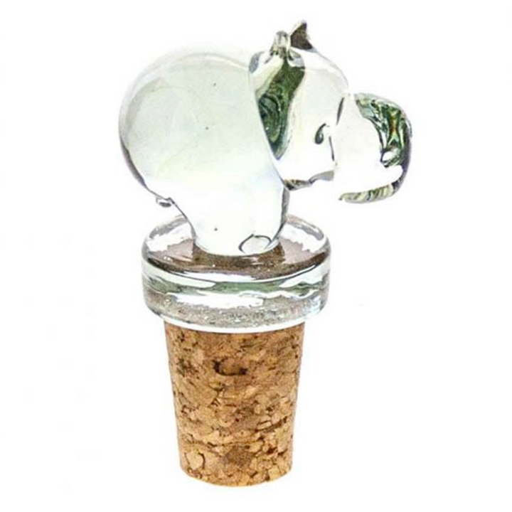 Animal-shaped glass wine stopper with large clear figure and brown cork, close centered view