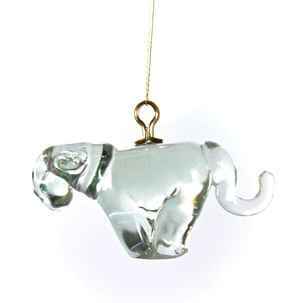 Hanging recycled glass elephant ornament with raised legs and curled trunk