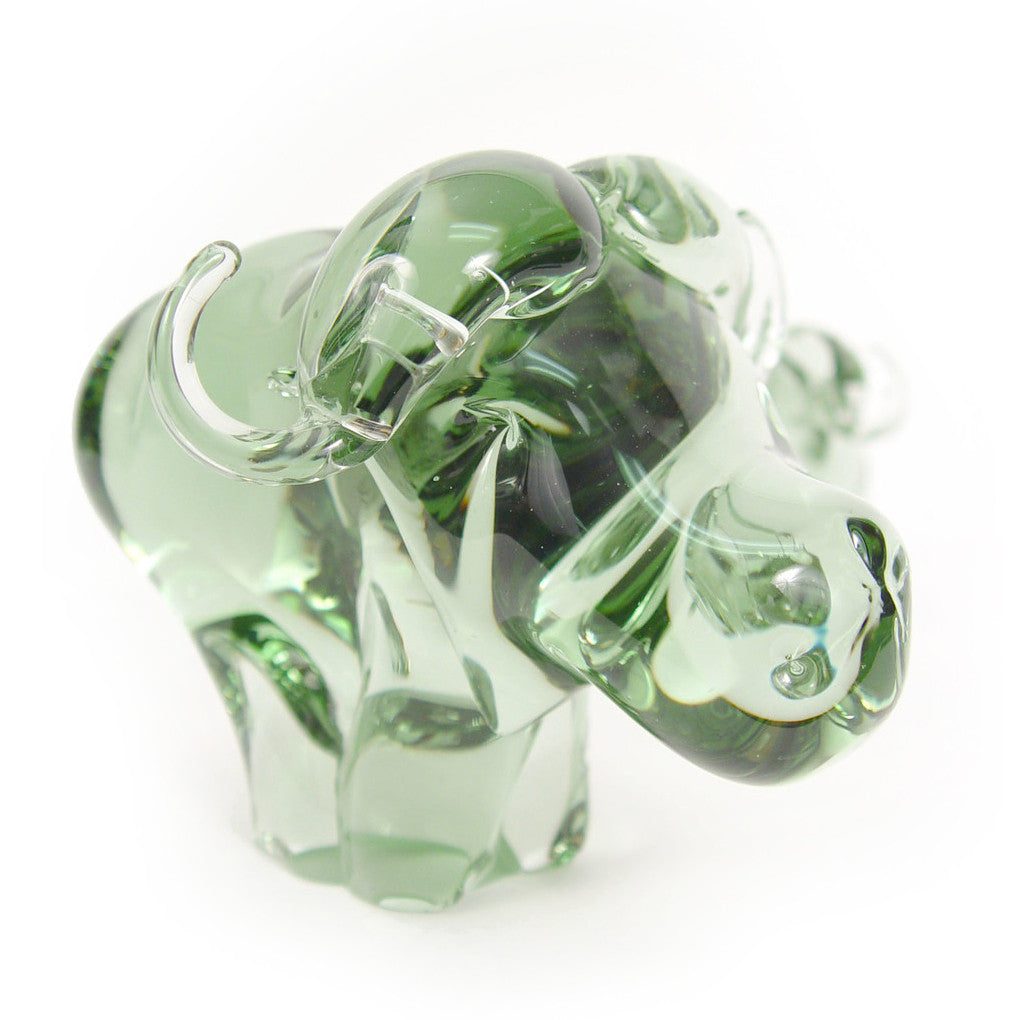 Recycled glass buffalo figurine, translucent green glass with raised head and trunk