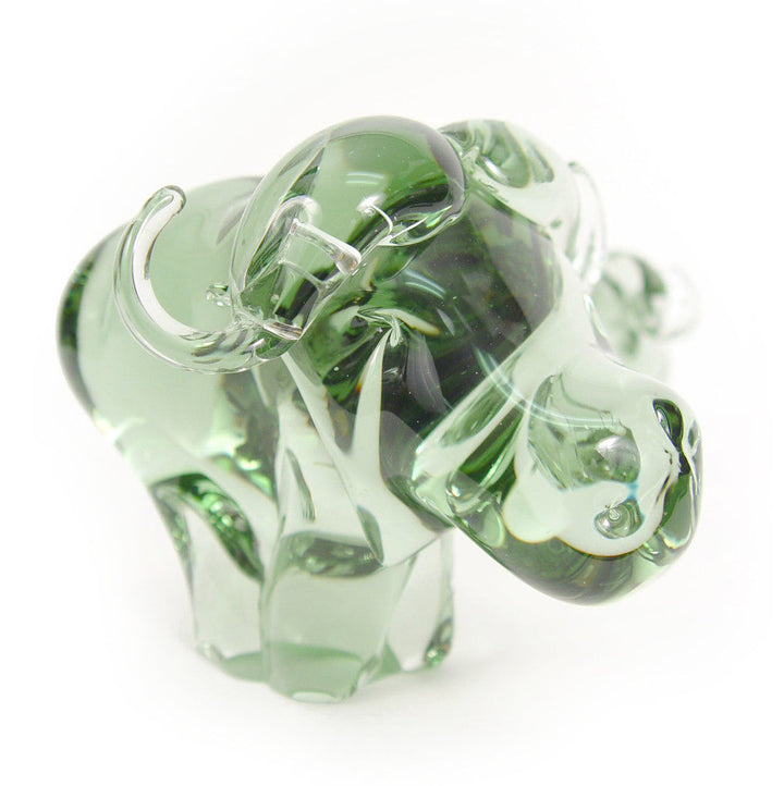 Recycled glass buffalo figurine, translucent green glass with raised head and trunk