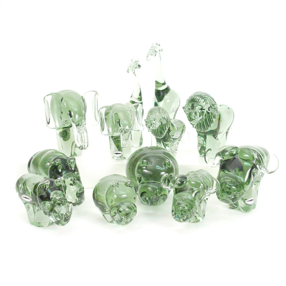 Recycled glass elephant set of multiple green translucent elephants in assorted poses
