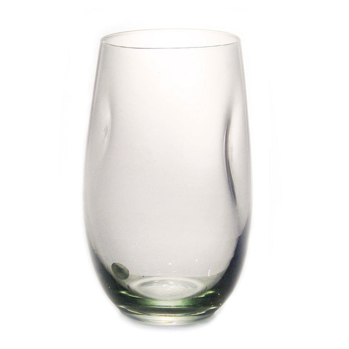 Dented clear water glass with faceted sides and rounded rim