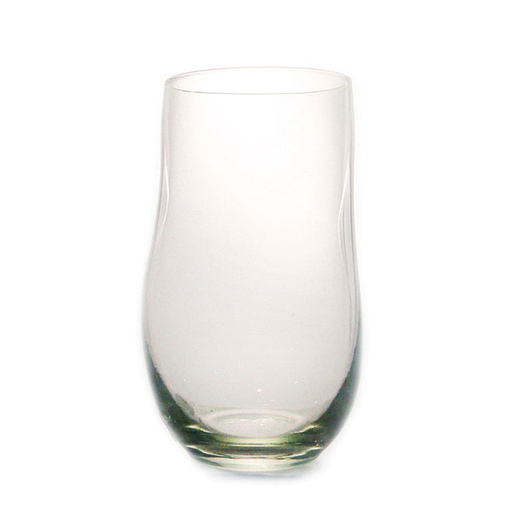 Dented clear water glass with swirl-like texture near base