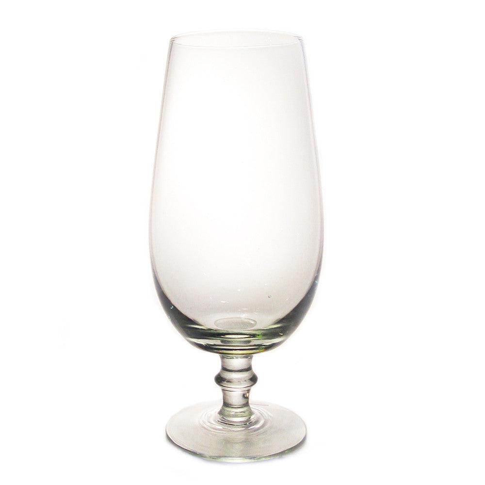 Clear stemmed glass goblet with smooth flared bowl and round raised base